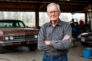 дедушка в гараже  &copy;&nbsp;Изображение сгенерировано нейросетью Gigachat