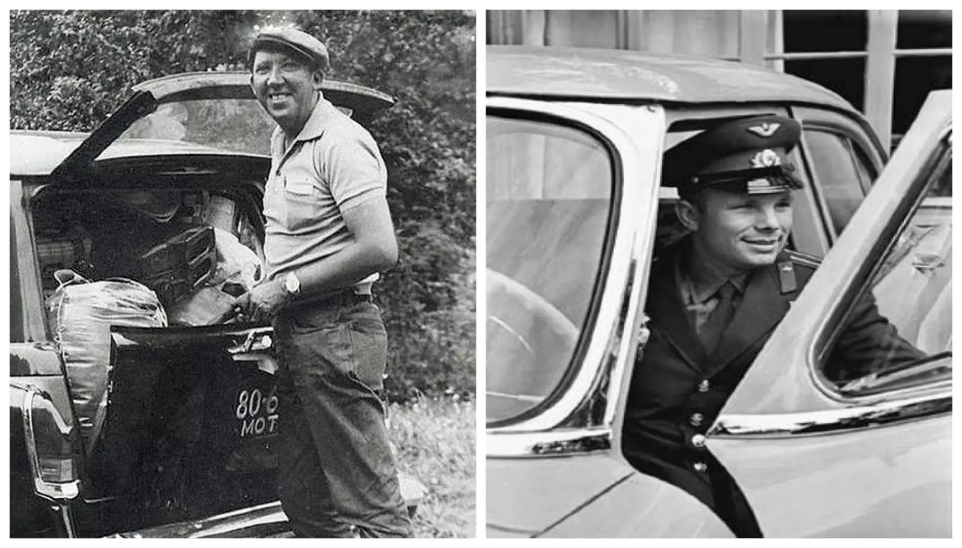 Юрий Никулин и Юрий Гагарин со своими &laquo;Волгами&raquo;