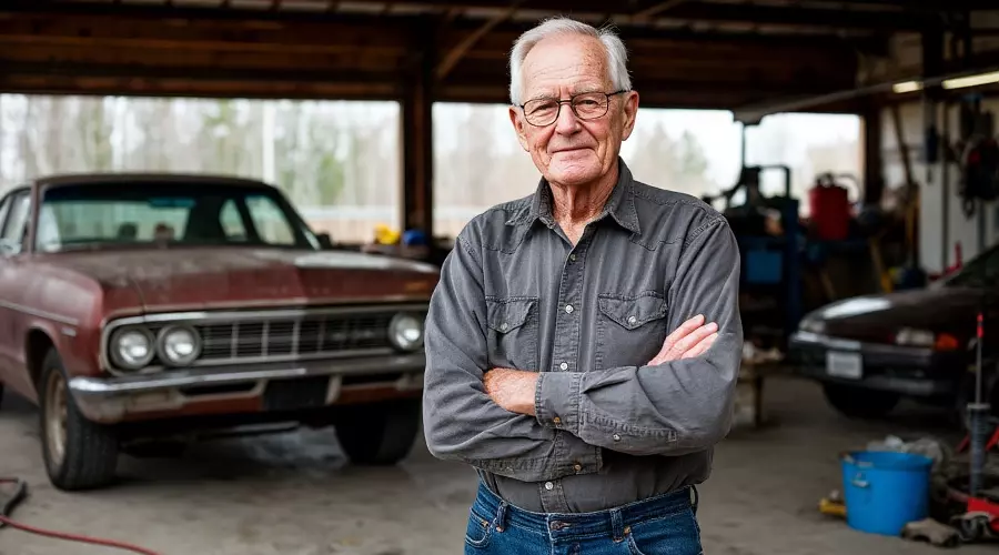 дедушка в гараже  &copy;&nbsp;Изображение сгенерировано нейросетью Gigachat