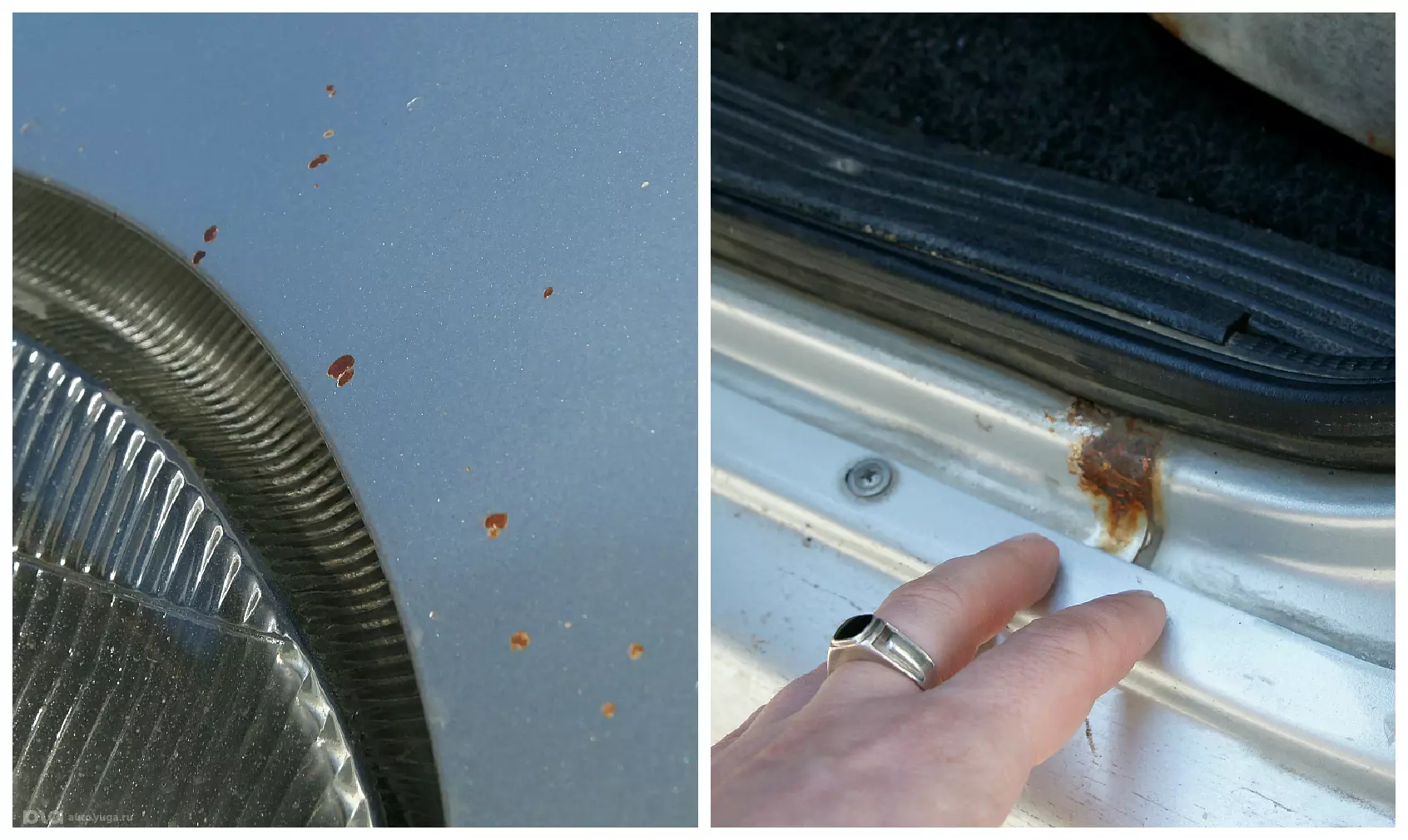 Присутствие сколов (слева) — это нормально, а ржавчина в местах сварочных швов (справа) — плохой признак